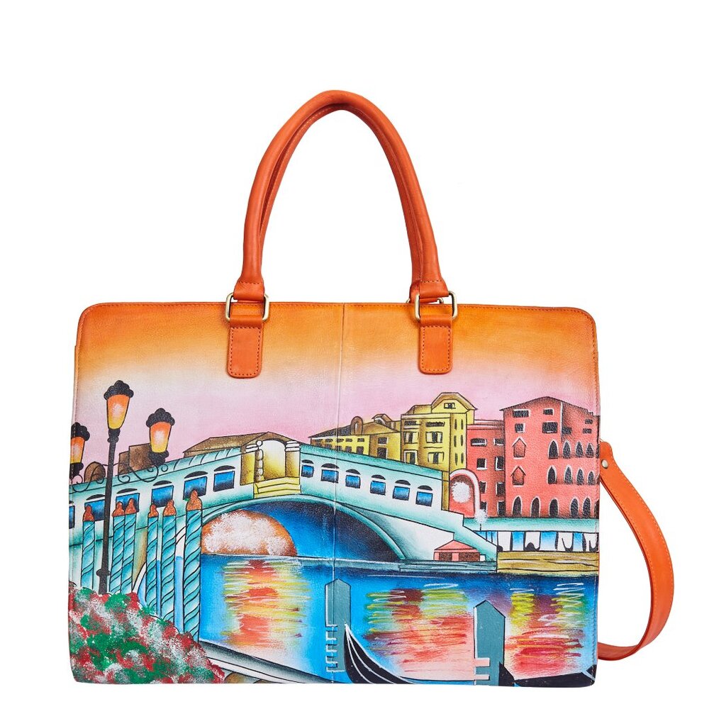 Hand Painted Leather Women Orange Business Handbag, Top Handle Laptop Bag